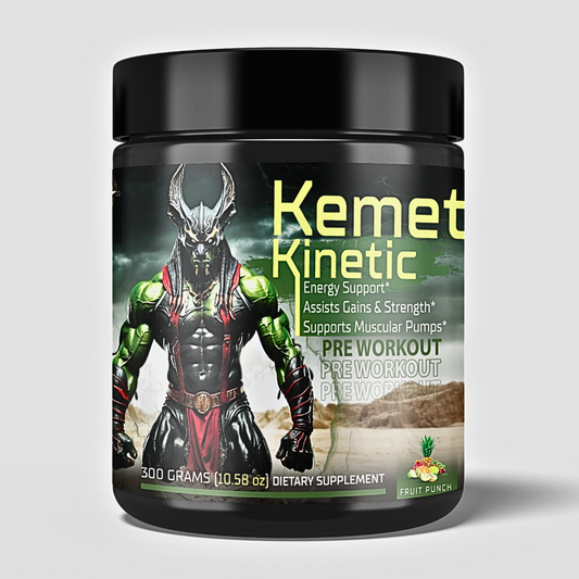 "Kemet Kinetic: an ancient-inspired pre-workout supplement for energy, focus, and endurance. Boosts mind-body response and enhances muscle nutrition."